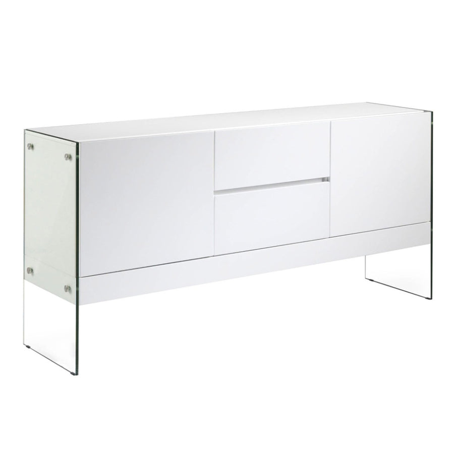 Kortárs stílusú, magasfényű, fehér színű lakkal festett, dizájn komódszekrény edzett üveg lábakkal.