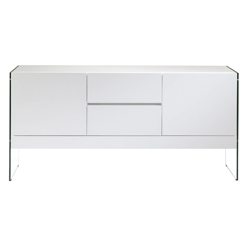 Kortárs stílusú, magasfényű, fehér színű lakkal festett, dizájn komódszekrény edzett üveg lábakkal.