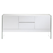 Kortárs stílusú, magasfényű, fehér színű lakkal festett, dizájn komódszekrény edzett üveg lábakkal.