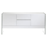 Kortárs stílusú, magasfényű, fehér színű lakkal festett, dizájn komódszekrény edzett üveg lábakkal.