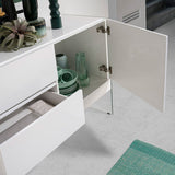 Kortárs stílusú, magasfényű, fehér színű lakkal festett, dizájn komódszekrény edzett üveg lábakkal.