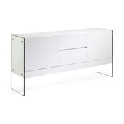 Kortárs stílusú,magasfényű, fehér lakkal festett, dizájn komódszekrény edzett üveg lábakkal.