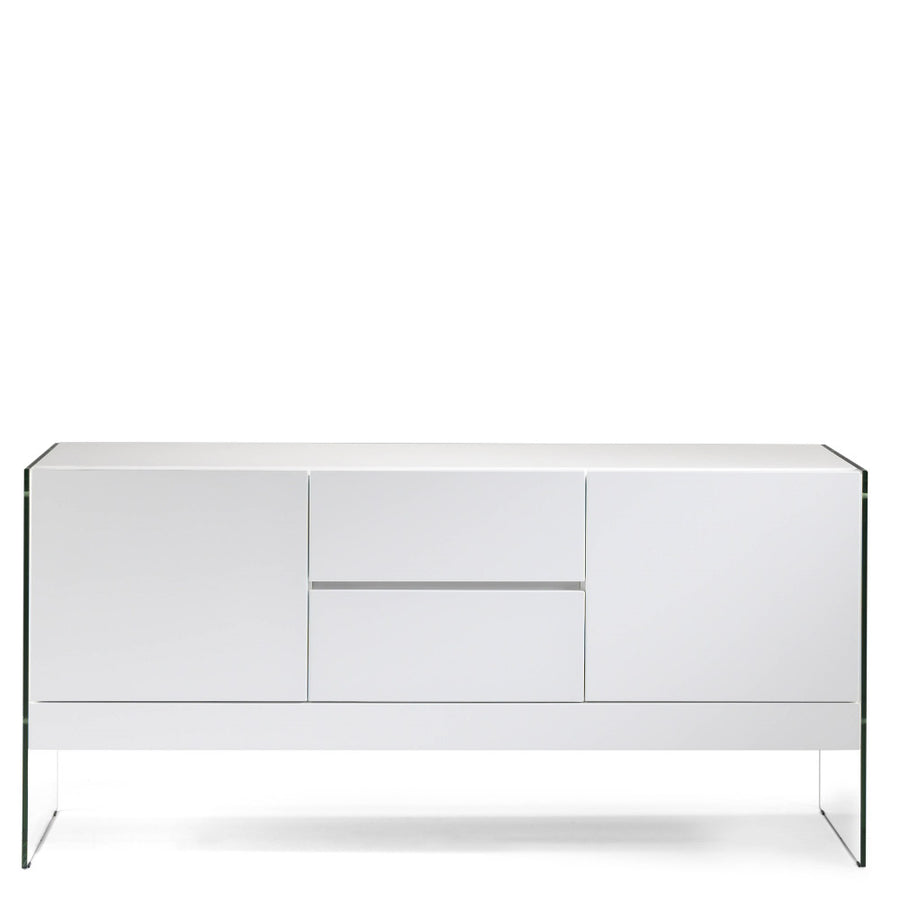 Kortárs stílusú,magasfényű, fehér lakkal festett, dizájn komódszekrény edzett üveg lábakkal.