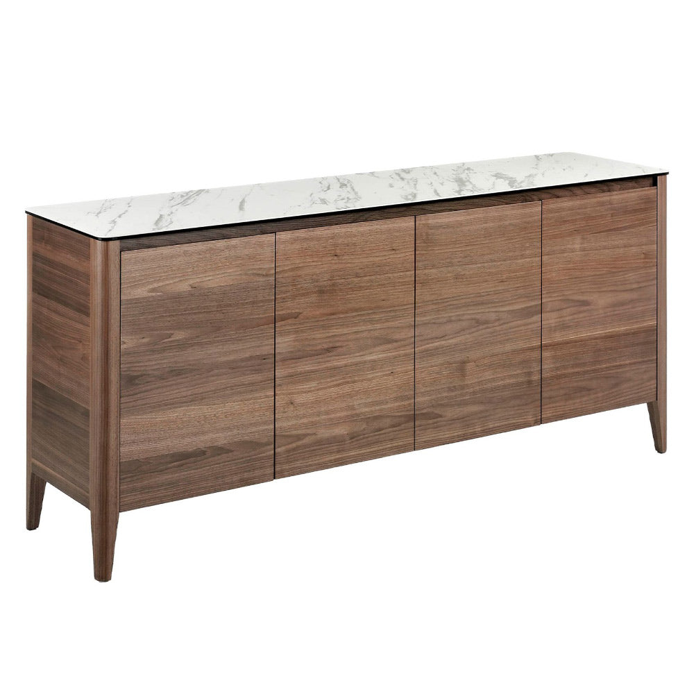 Kortárs stílusú, diófa furnérral borított, dizájn komódszekrény porcelán fedlappal.