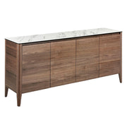 Kortárs stílusú, diófa furnérral borított, dizájn komódszekrény porcelán fedlappal.