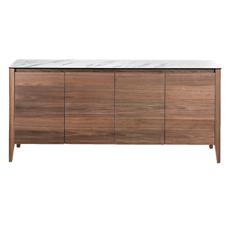 Kortárs stílusú, diófa furnérral borított, dizájn komódszekrény porcelán fedlappal.