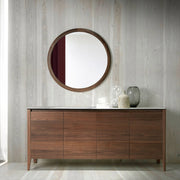 Kortárs stílusú, diófa furnérral borított, dizájn komódszekrény porcelán fedlappal.