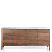 Kortárs stílusú, diófa furnérral borított, dizájn komódszekrény porcelán fedlappal.