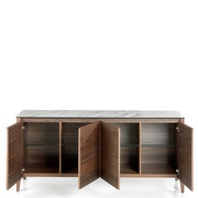 Kortárs stílusú, diófa furnérral borított, dizájn komódszekrény porcelán fedlappal.