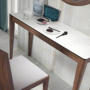 Kortárs stílusú, diófa furnérral borított, dizájn konzolasztal porcelán fedlappal.