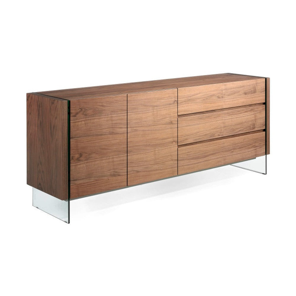 Kortárs stílusú, diófa furnérral borított design, MDF komódszekrény edzett üveg lábakkal.