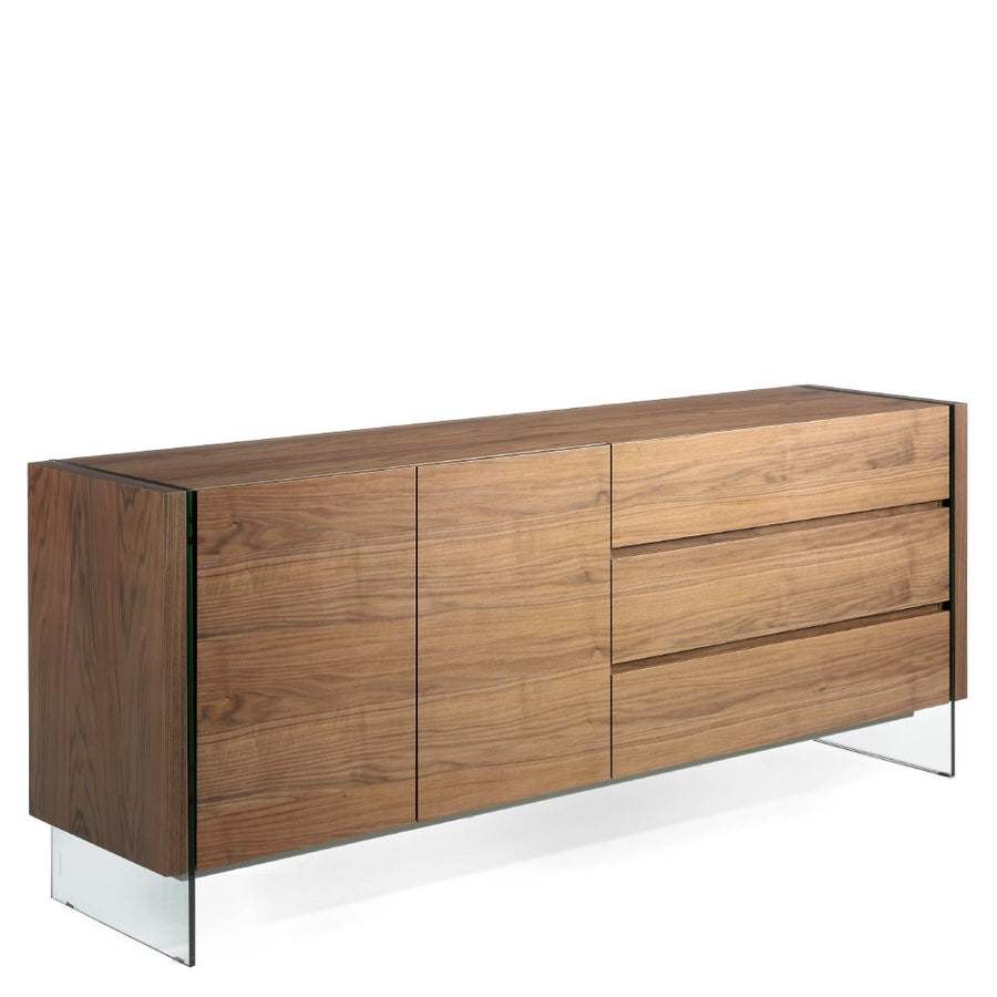 Kortárs stílusú, diófa furnérral borított design, MDF komódszekrény edzett üveg lábakkal.