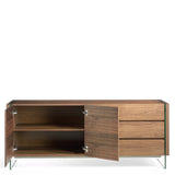 Kortárs stílusú, diófa furnérral borított design, MDF komódszekrény edzett üveg lábakkal.