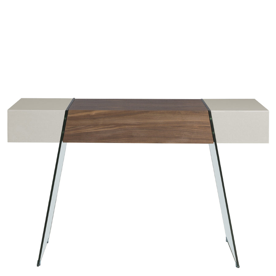 Kortárs stílusú, diófa furnérral borított, dizájn konzolasztal edzett üveg lábakkal.