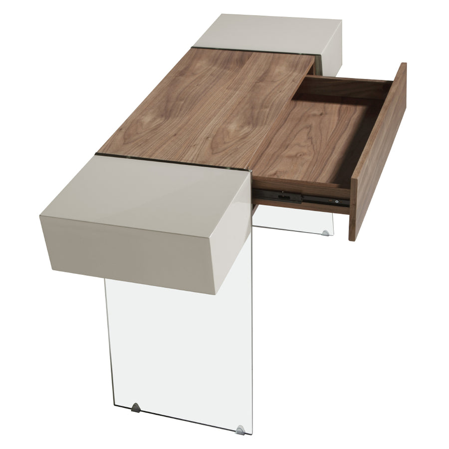 Kortárs stílusú, diófa furnérral borított, dizájn konzolasztal edzett üveg lábakkal.