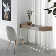 Kortárs stílusú, diófa furnérral borított, dizájn konzolasztal rozsdamentes acél lábakkal.