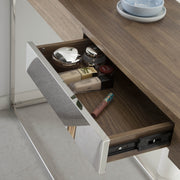 Kortárs stílusú, diófa furnérral borított, dizájn konzolasztal rozsdamentes acél lábakkal.