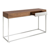 Angel Cerdá dizájn konzolasztal nyitott fiókkal és rozsdamentes acél kerettel