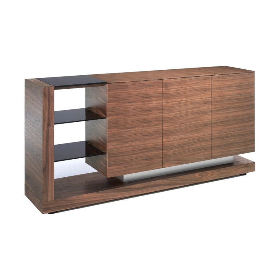 Kortárs stílusú, diófa furnérral borított, dizájn tálaló fekete színezésű, edzett üvegpolcokkal.