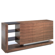 Kortárs stílusú, diófa furnérral borított, dizájn tálaló fekete színezésű, edzett üvegpolcokkal.