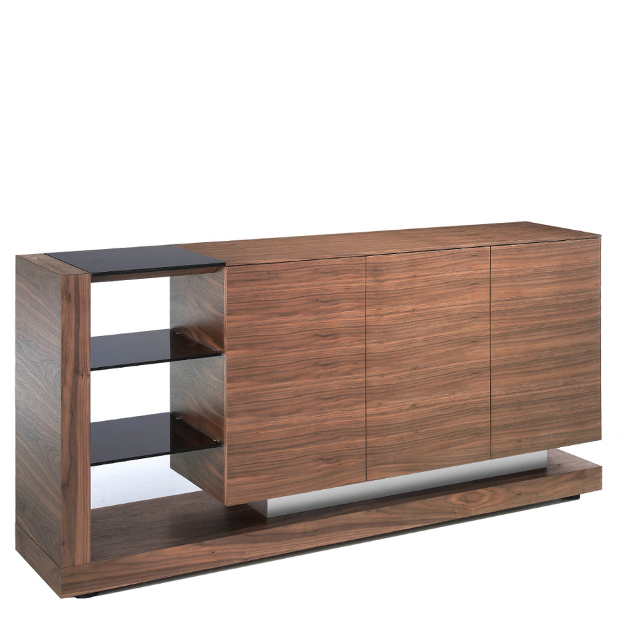 Kortárs stílusú, diófa furnérral borított, dizájn tálaló fekete színezésű, edzett üvegpolcokkal.