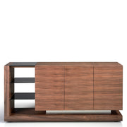 Kortárs stílusú, diófa furnérral borított, dizájn tálaló fekete színezésű, edzett üvegpolcokkal.