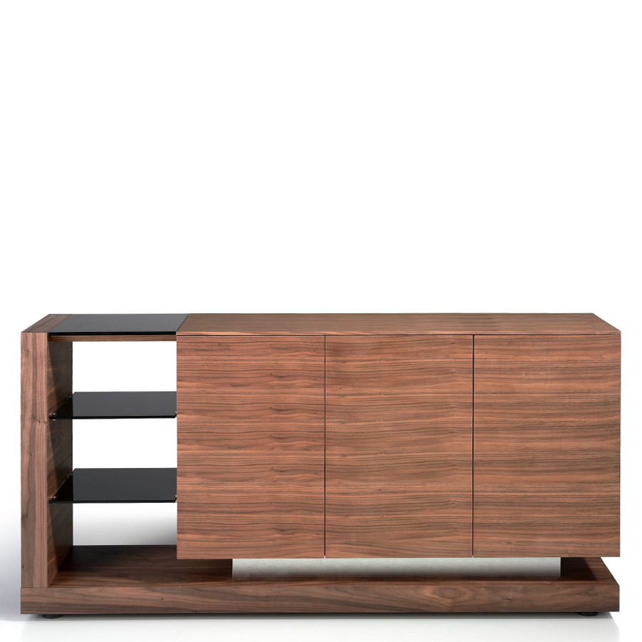 Kortárs stílusú, diófa furnérral borított, dizájn tálaló fekete színezésű, edzett üvegpolcokkal.