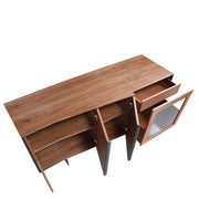 Kortárs stílusú, diófa furnérral borított, dizájn tálaló beépített, belső LED világítással.