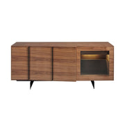 Kortárs stílusú, diófa furnérral borított, dizájn tálaló beépített, belső LED világítással.