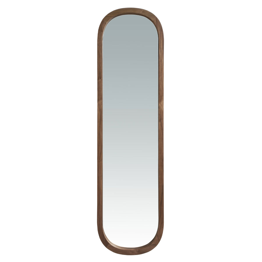 Kortárs stílusú, diófa furnérral borított kerettel rendelkező, dizájn falitükör.