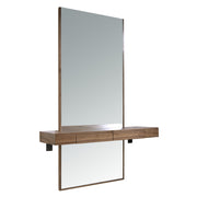 Kortárs stílusú, diófa furnérral borított dizájn falitükör fiókos polccal.