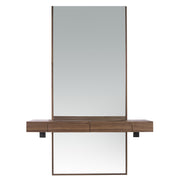 Kortárs stílusú, diófa furnérral borított dizájn falitükör fiókos polccal.