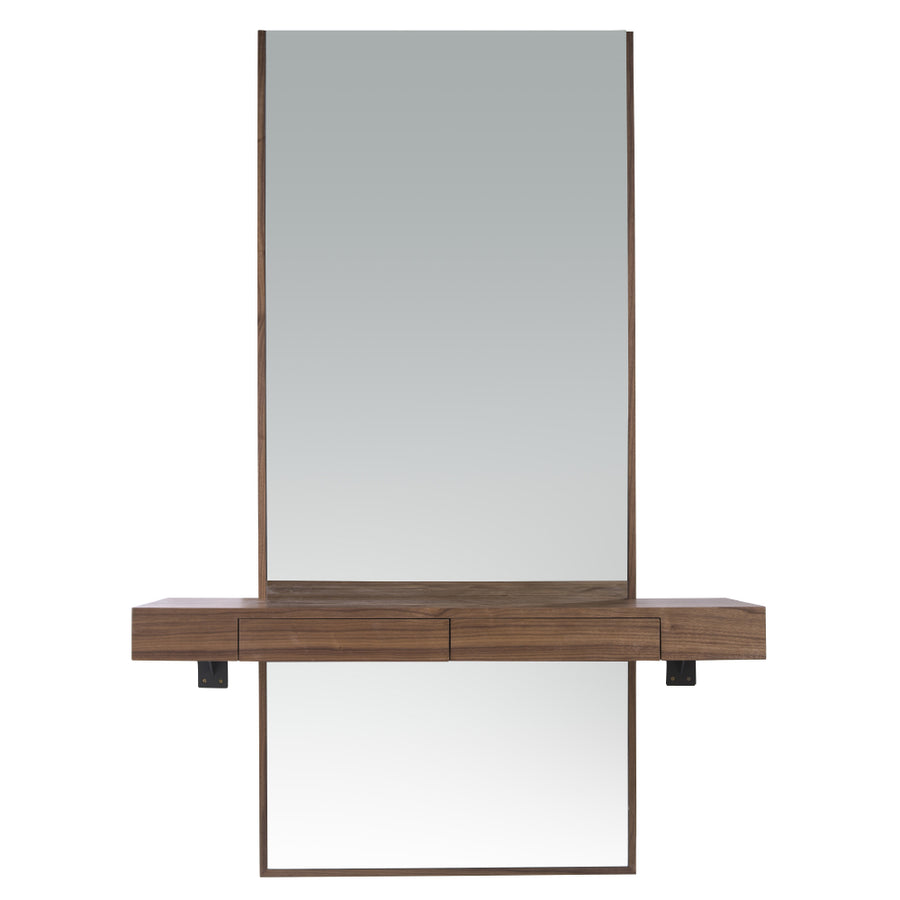 Kortárs stílusú, diófa furnérral borított dizájn falitükör fiókos polccal.