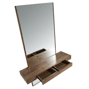 Kortárs stílusú, diófa furnérral borított dizájn falitükör fiókos polccal.