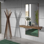 Kortárs stílusú, diófa furnérral borított dizájn falitükör fiókos polccal.