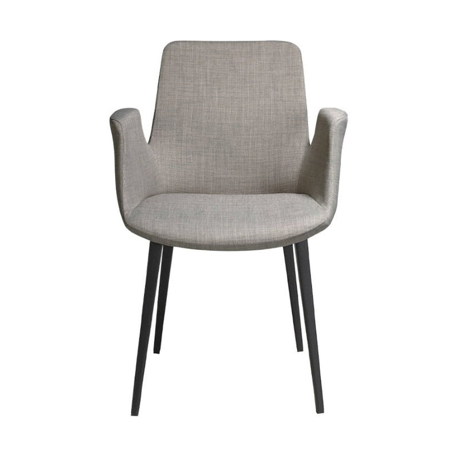 Kortárs stílusú, szürke színű szövettel kárpitozott, acél szerkezetű, dizájn étkezőszék.