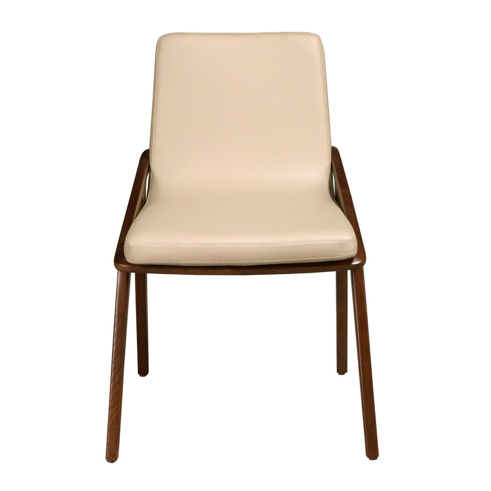 Krémszínű műbőrrel kárpitozott, kőrisfából készült, dizájn étkezőszék.