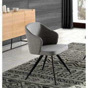 Kortárs stílusú, szürke színű szövettel kárpitozott, acél szerkezetű étkezőszék.