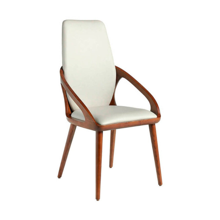 Krémszínű műbőrrel kárpitozott, kőrisfából készült, formatervezett dizájn étkezőszék.