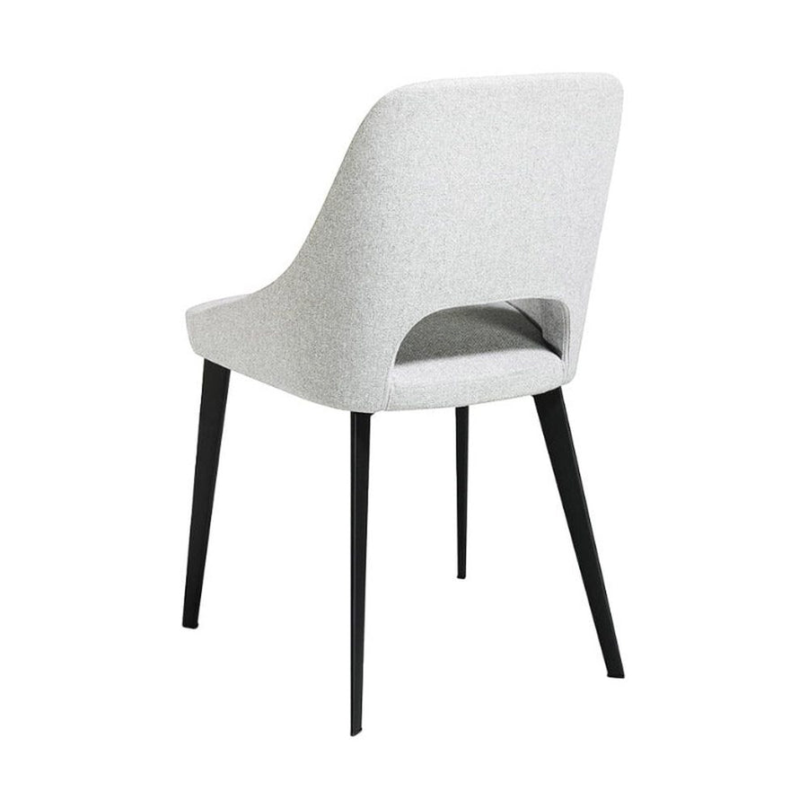 Kortárs stílusú, szürke színű szövettel kárpitozott, acél szerkezetű dizájn étkezőszék.