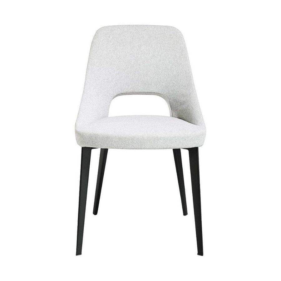 Kortárs stílusú, szürke színű szövettel kárpitozott, acél szerkezetű dizájn étkezőszék.