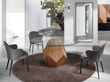 Angel Cerdá szürke szövet és műbőr étkezőszék modern enteriőrben üveg asztal körül