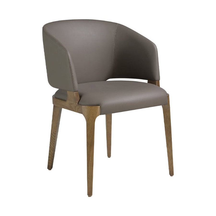 Szürkésbarna műbőrrel kárpitozott, kőrisfából készült, formatervezett dizájn étkezőszék.