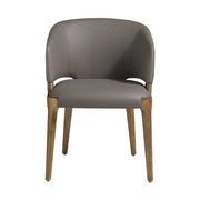 Szürkésbarna műbőrrel kárpitozott, kőrisfából készült, formatervezett dizájn étkezőszék.