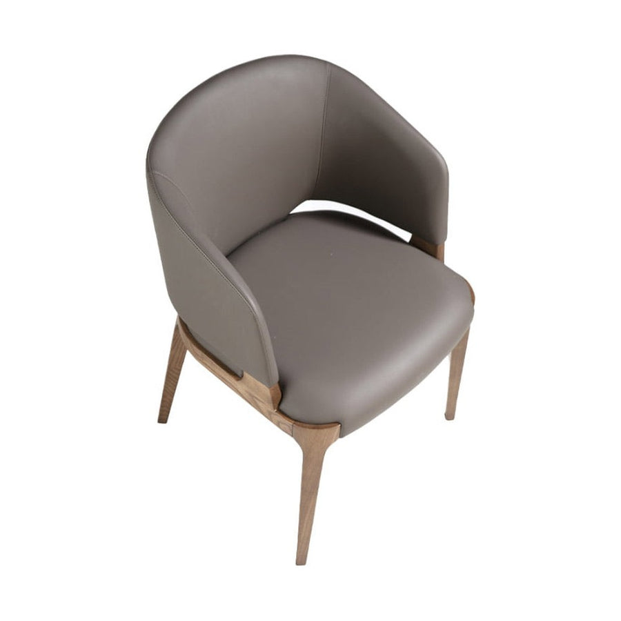 Szürkésbarna műbőrrel kárpitozott, kőrisfából készült, formatervezett dizájn étkezőszék.
