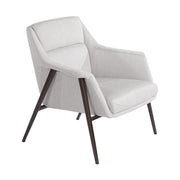 Kortárs stílusú, törtfehér színű szövettel kárpitozott, acél szerkezetű fotel.