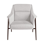 Kortárs stílusú, törtfehér színű szövettel kárpitozott, acél szerkezetű fotel.