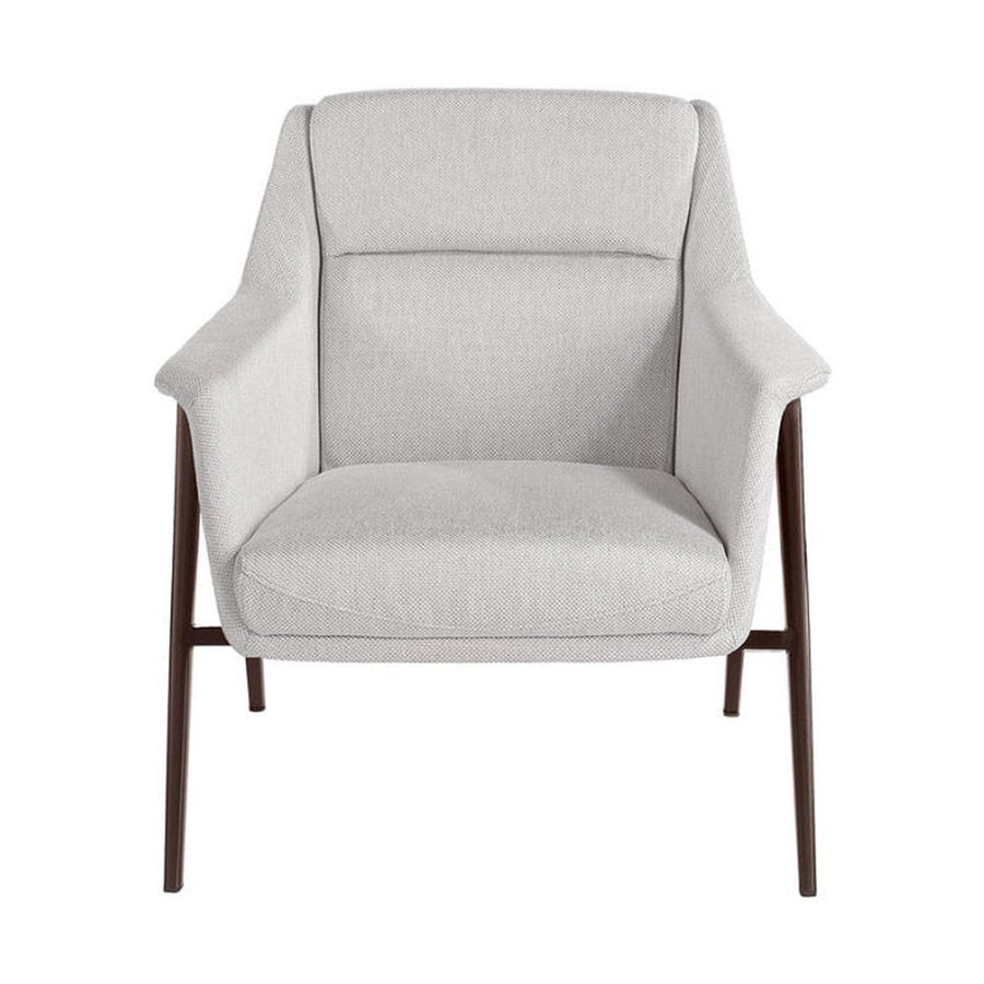 Kortárs stílusú, törtfehér színű szövettel kárpitozott, acél szerkezetű fotel.