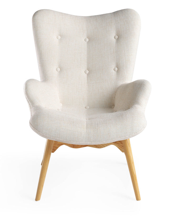 Kortárs stílusú, kőrisfából készült, fehér színű szövettel kárpitozott dizájn fotel.
