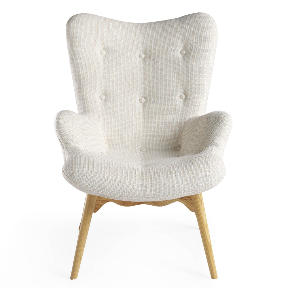 Kortárs stílusú, kőrisfából készült, fehér színű szövettel kárpitozott dizájn fotel.